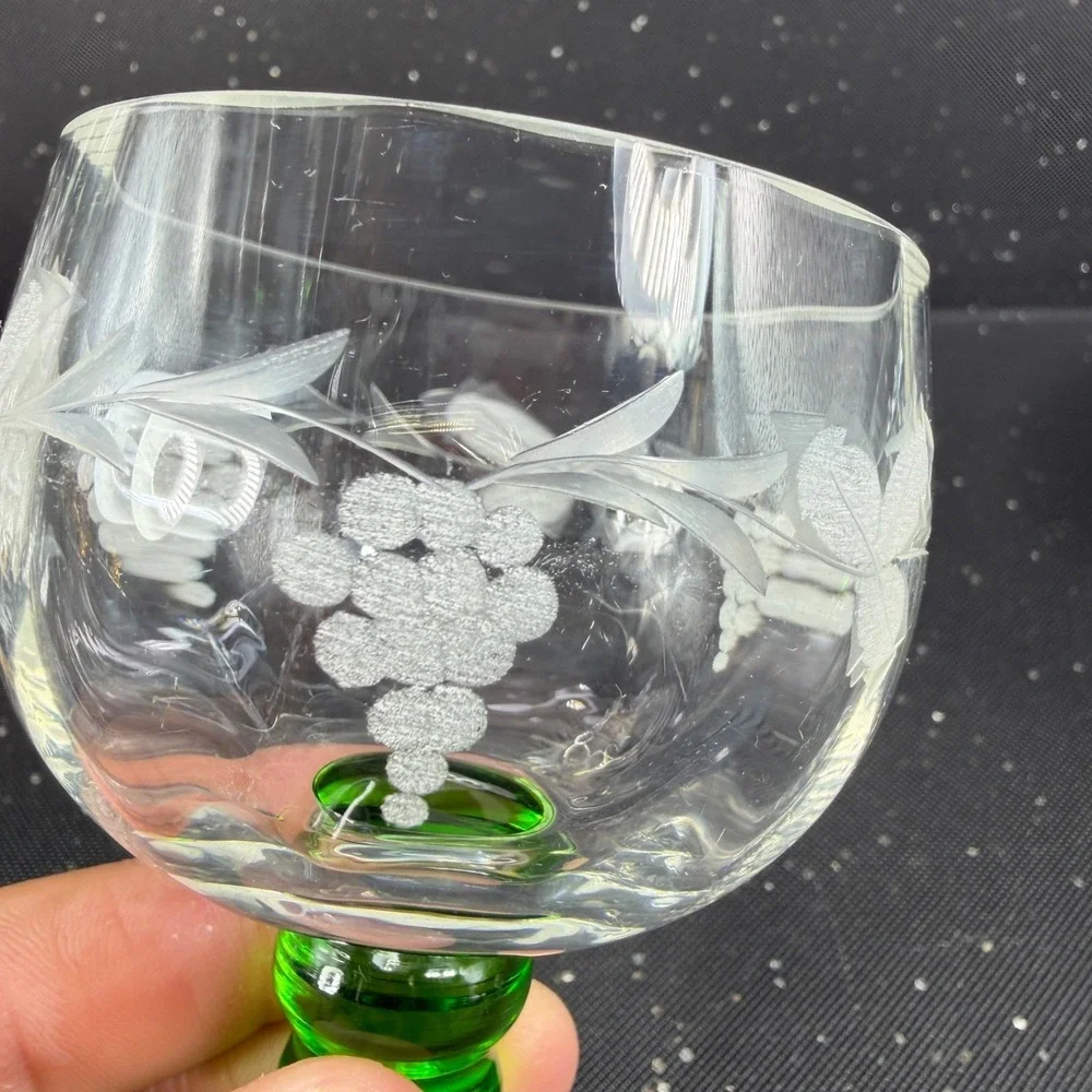 Vintage Roemer Etched Grape Wine Glasses Green Beehive Stem Set of 2 Cups VTG